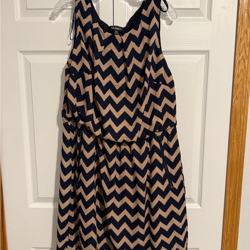S.L. Fashions Navy and Tan Chevron Mini Dress